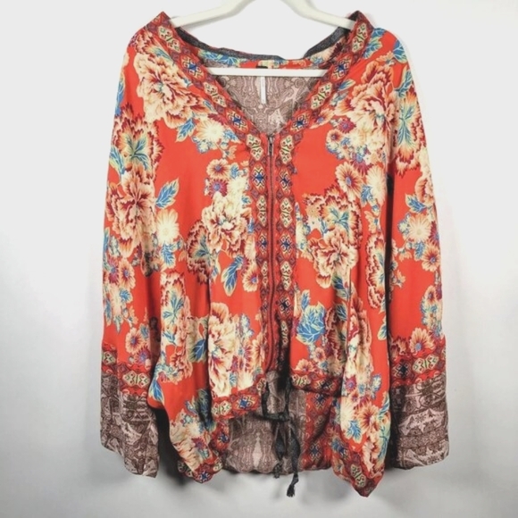 Free People Women Oversized Wildflower Kimono Top‎ Blouse Size M/L Full Zip Boho - Picture 2 of 8